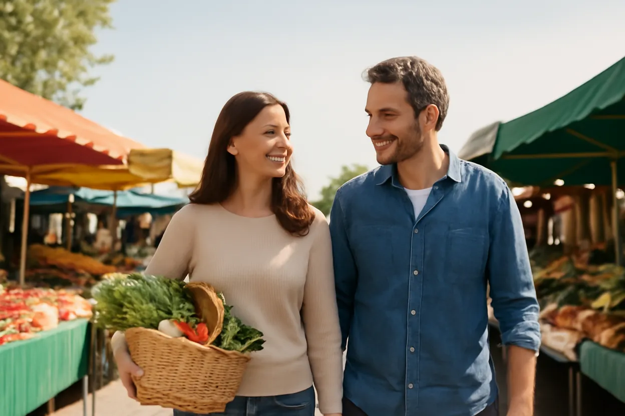 Une femme et un homme sourient en marchant dans un marché en plein air, elle porte un panier d'osier rempli de légumes.