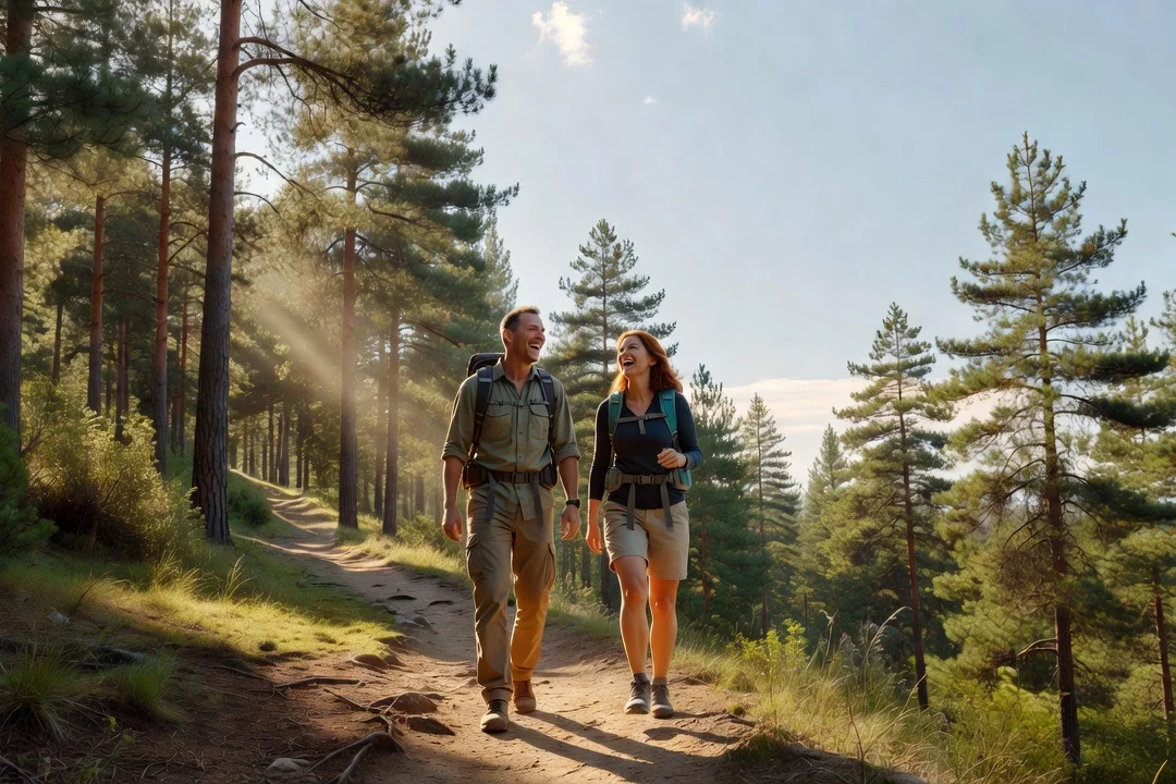Un couple marche côte à côte sur un sentier de randonnée bordé de pins, sacs à dos aux épaules, en train de rire.