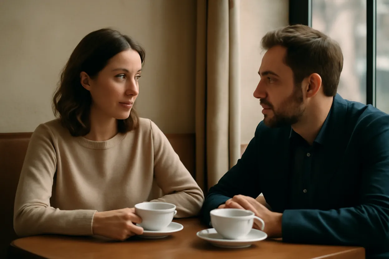 Une femme et un homme discutent calmement à une table de café, deux tasses de thé posées entre eux.