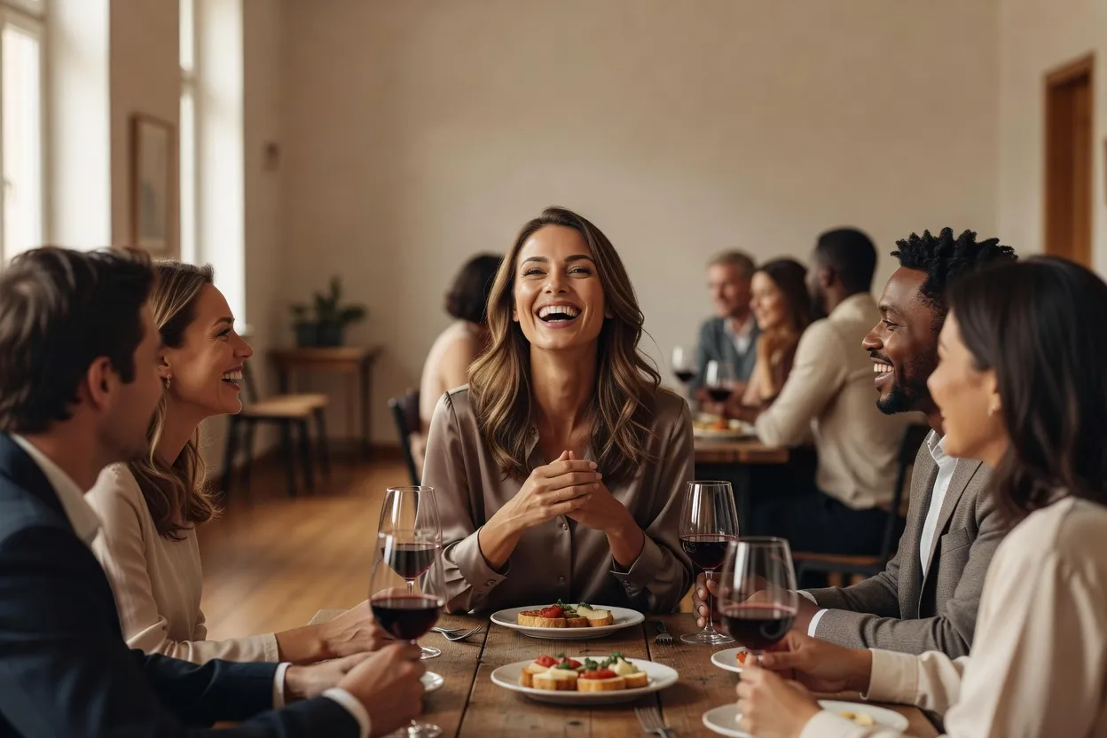Une femme rit aux éclats autour d'une longue table lors d'une soirée entre amis dans une grande salle lumineuse.