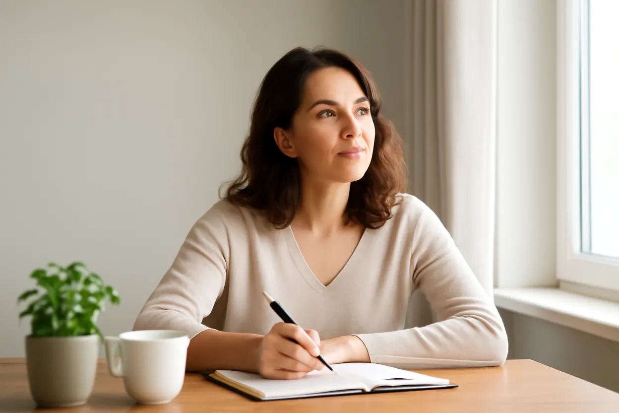 Une femme pensive, un stylo à la main, écrit dans un carnet à côté d'une tasse blanche et d'une plante verte près d'une fenêtre.