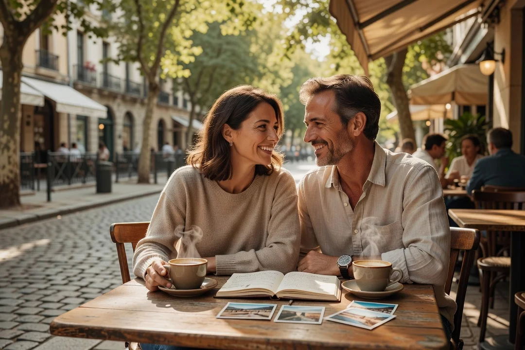 Un couple assis à la terrasse d'un café, un carnet de voyage ouvert entre eux, repassent leurs souvenirs de vacances en souriant.