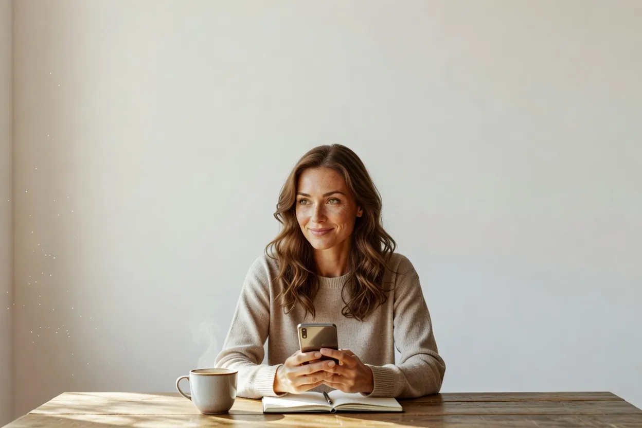 Une femme souriante, assise à sa table de cuisine, tient son téléphone, une tasse fumante et un carnet ouvert à côté d'elle.