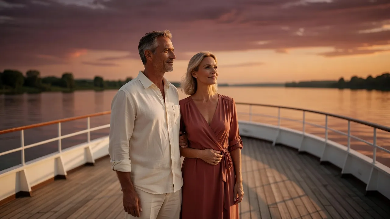 Couple sur le pont d'un bateau de croisière, regardant le coucher de soleil sur la mer