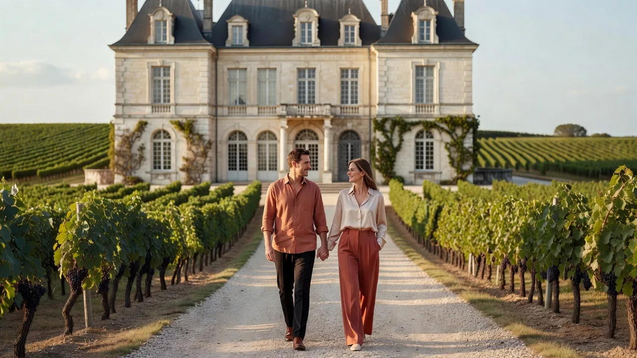 Couple se promenant main dans la main devant un château français entouré de vignes