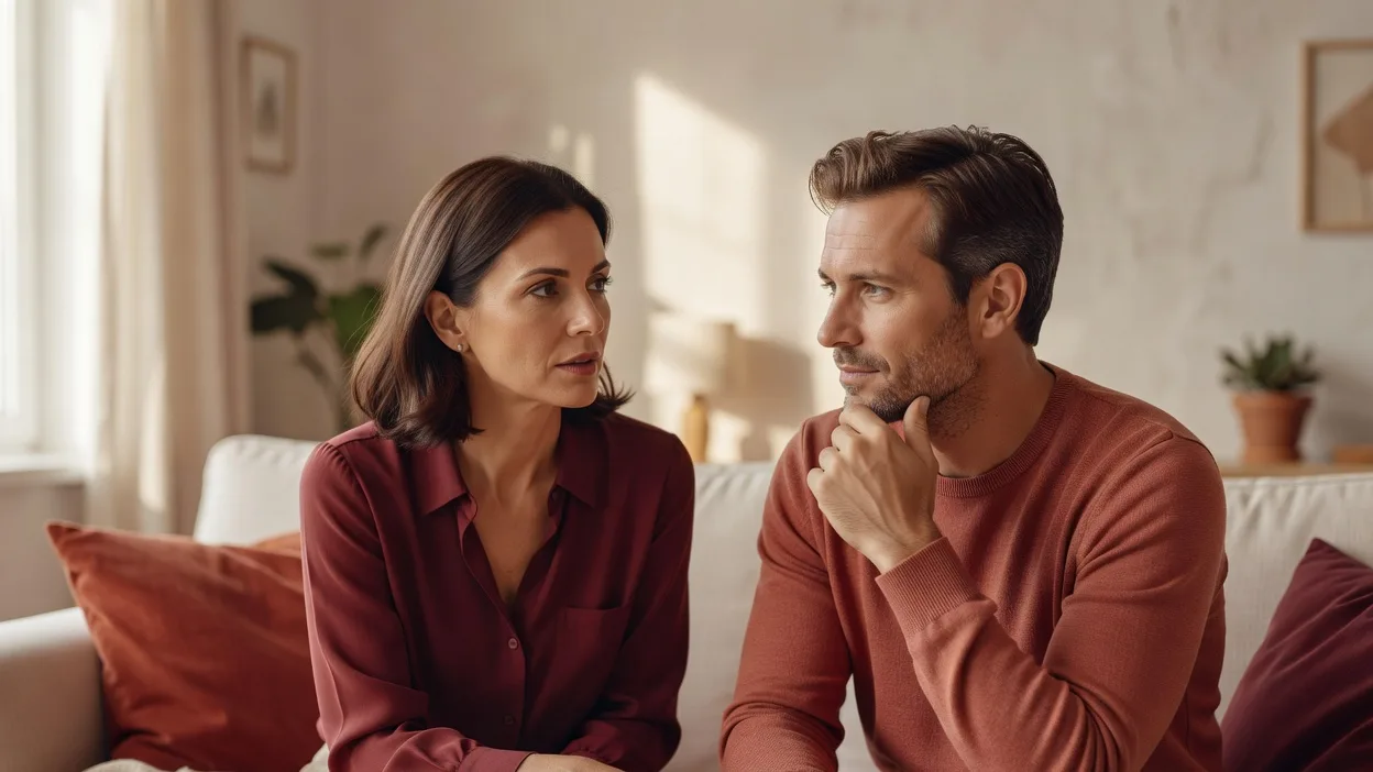 couple en pleine conversation, expression attentive, cadre intérieur chaleureux