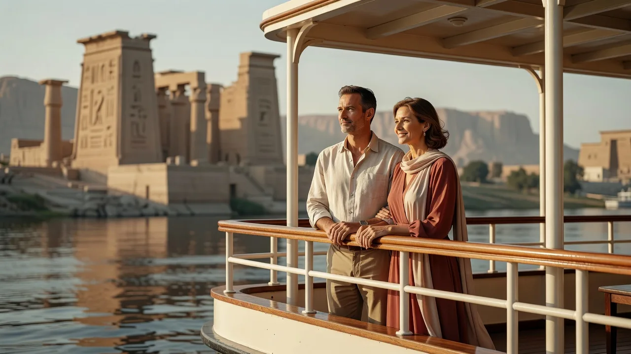 couple observant un temple égyptien depuis le pont d'un bateau de croisière, lumière du soir