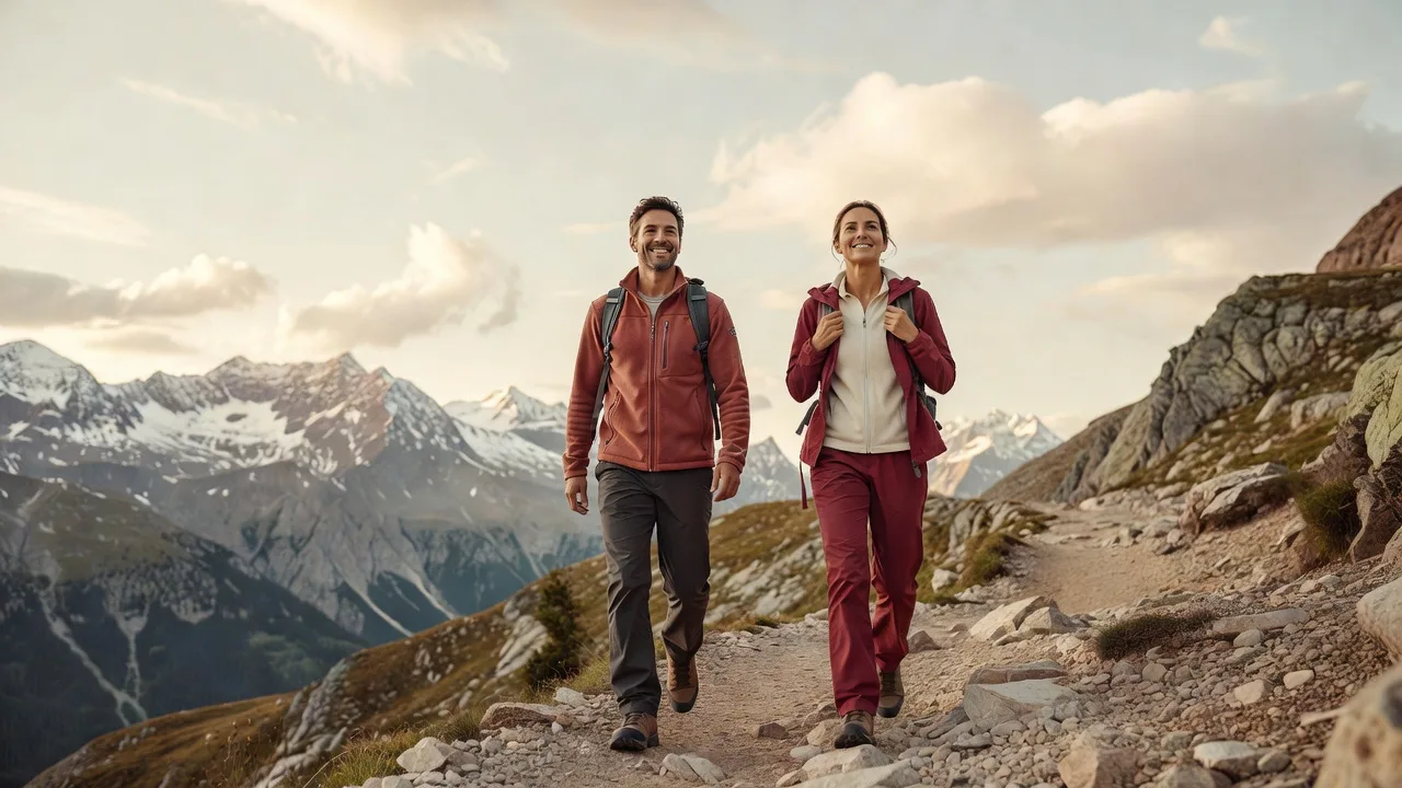 couple en randonnée sur un sentier de montagne, paysage européen, sac à dos
