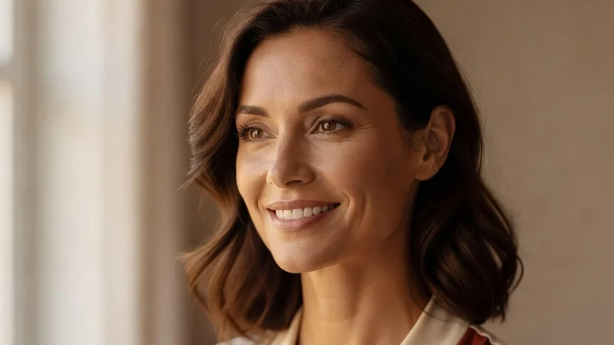 Femme élégante et souriante, portrait naturel en lumière du jour