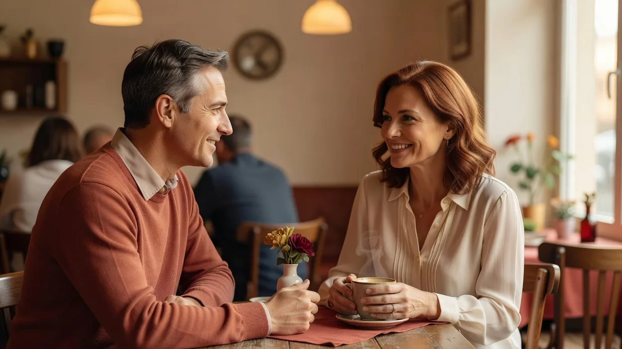Couple souriant en pleine conversation dans un café, lumière chaleureuse