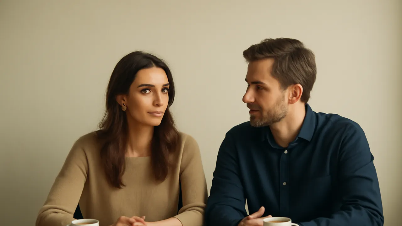 Un homme et une femme assis côte à côte à une table, en pleine conversation calme, avec deux tasses de café devant eux.
