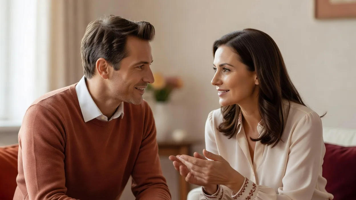 deux personnes en conversation détendue, sourire, cadre extérieur lumière douce