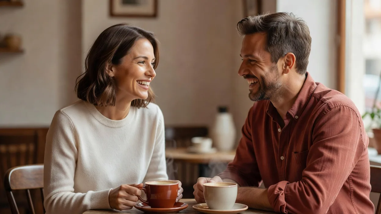 Deux personnes discutant autour d'un café, ambiance chaleureuse