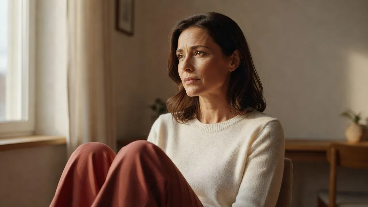 Femme pensive assise près d'une fenêtre, lumière naturelle douce