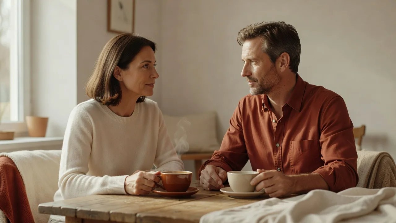 Couple discutant sérieusement autour d'une table, tasses de café, ambiance calme