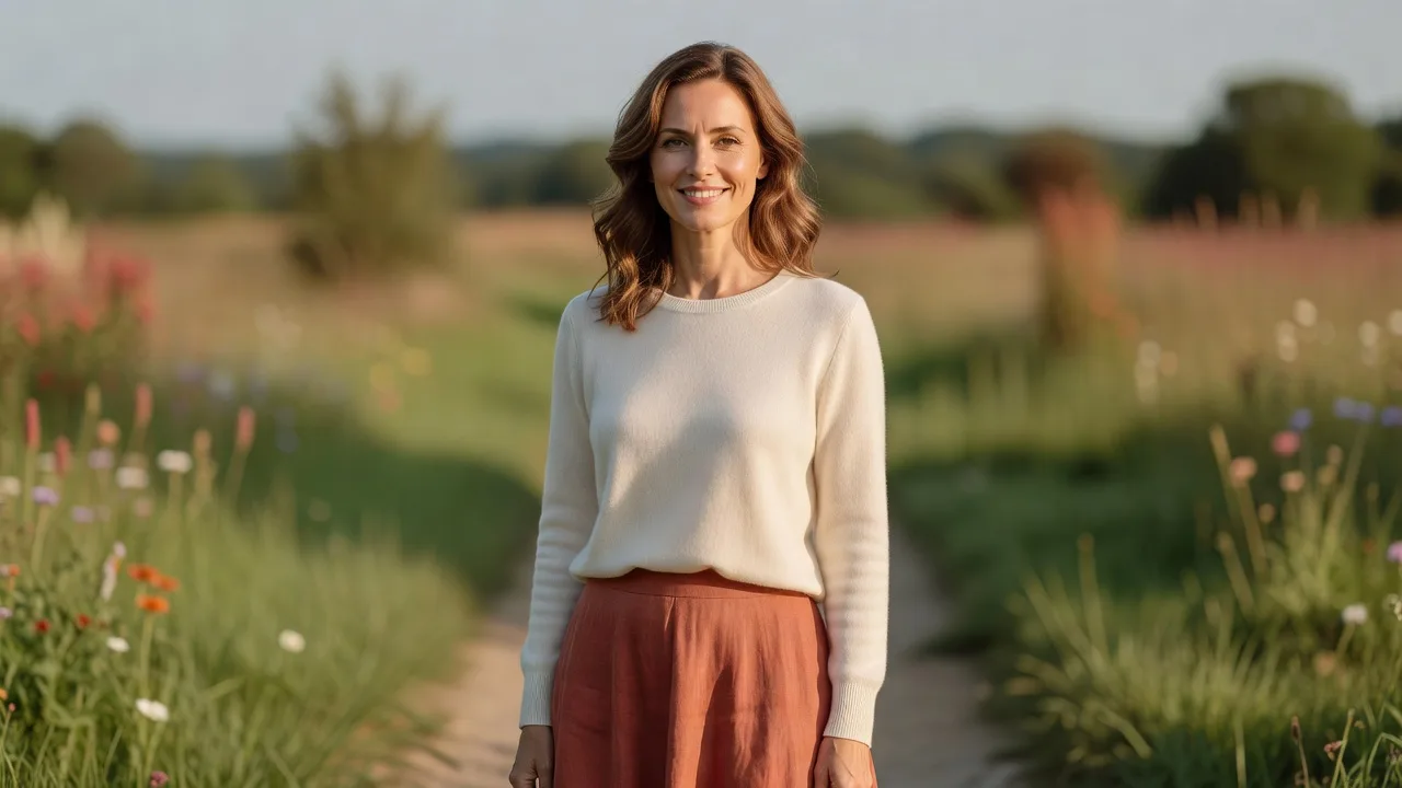 Femme souriante d'une quarantaine d'années, portrait confiant en extérieur, lumière naturelle