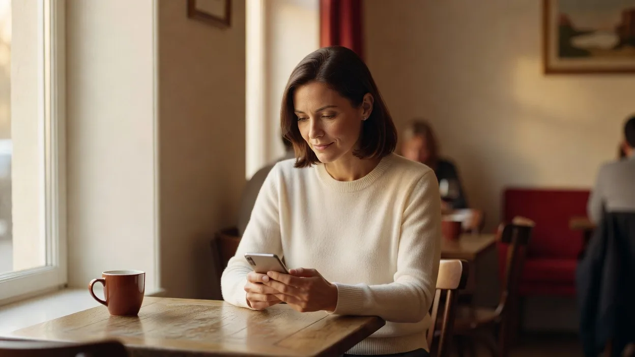 Femme consultant son téléphone avec une expression concentrée, assise dans un café