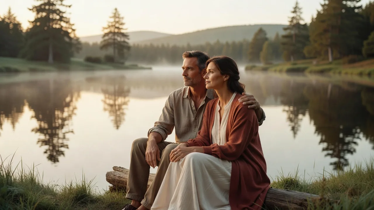 Couple assis en pleine nature au bord d'un lac, moment calme et contemplatif