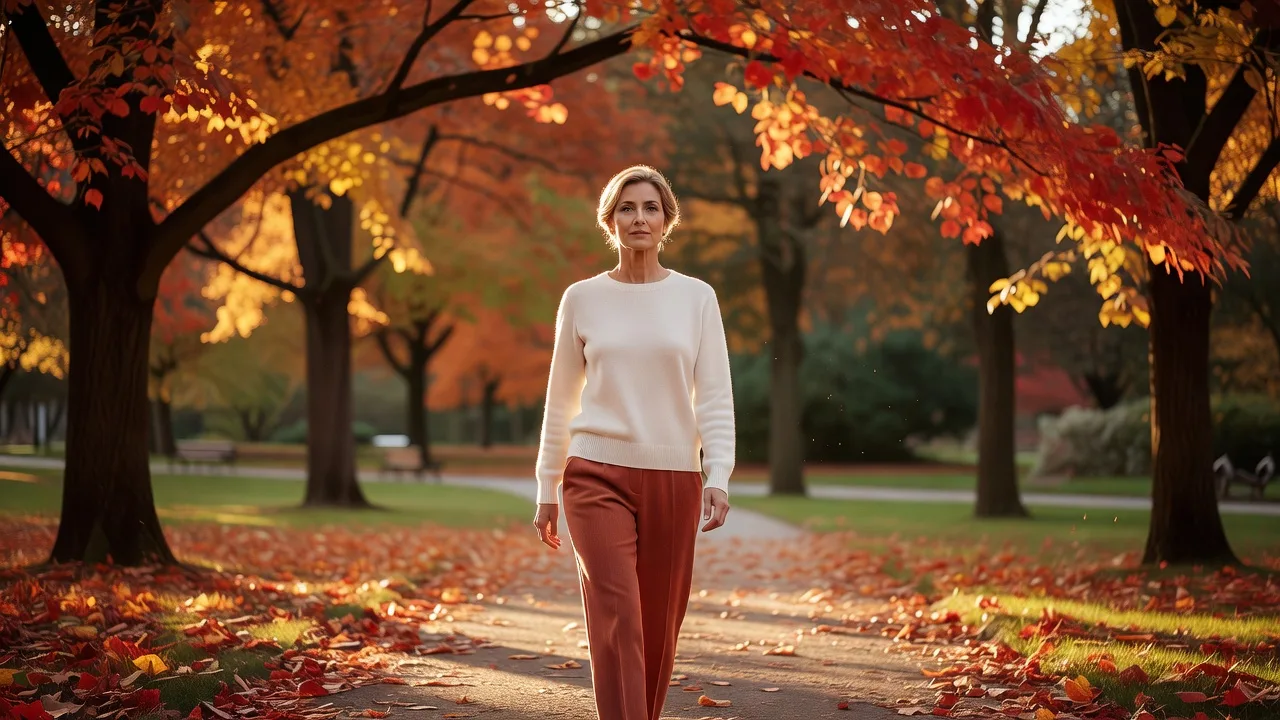 Femme marchant seule dans un parc à l'automne, expression sereine et pensive