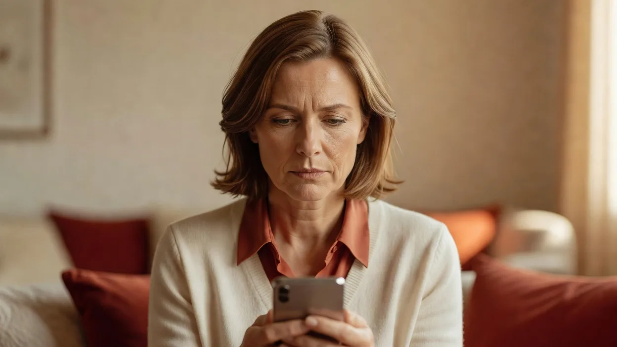 femme souriante consultant son téléphone dans un café lumineux