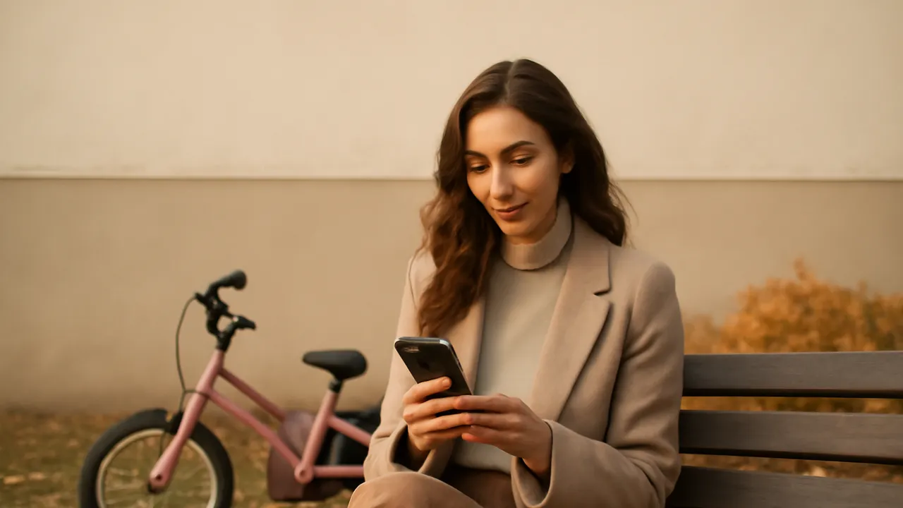 Une femme assise sur un banc de parc regarde son téléphone en souriant, un vélo d'enfant rose appuyé derrière elle.