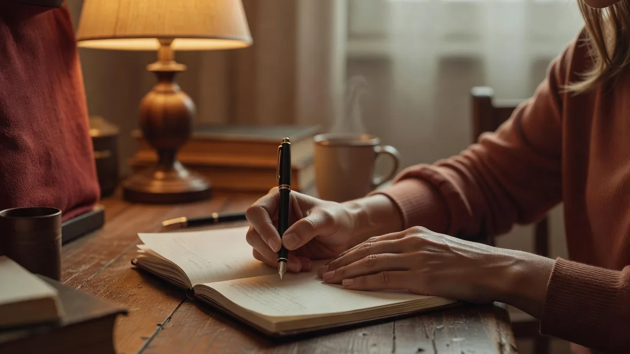 personne prenant des notes dans un carnet, ambiance studieuse et chaleureuse