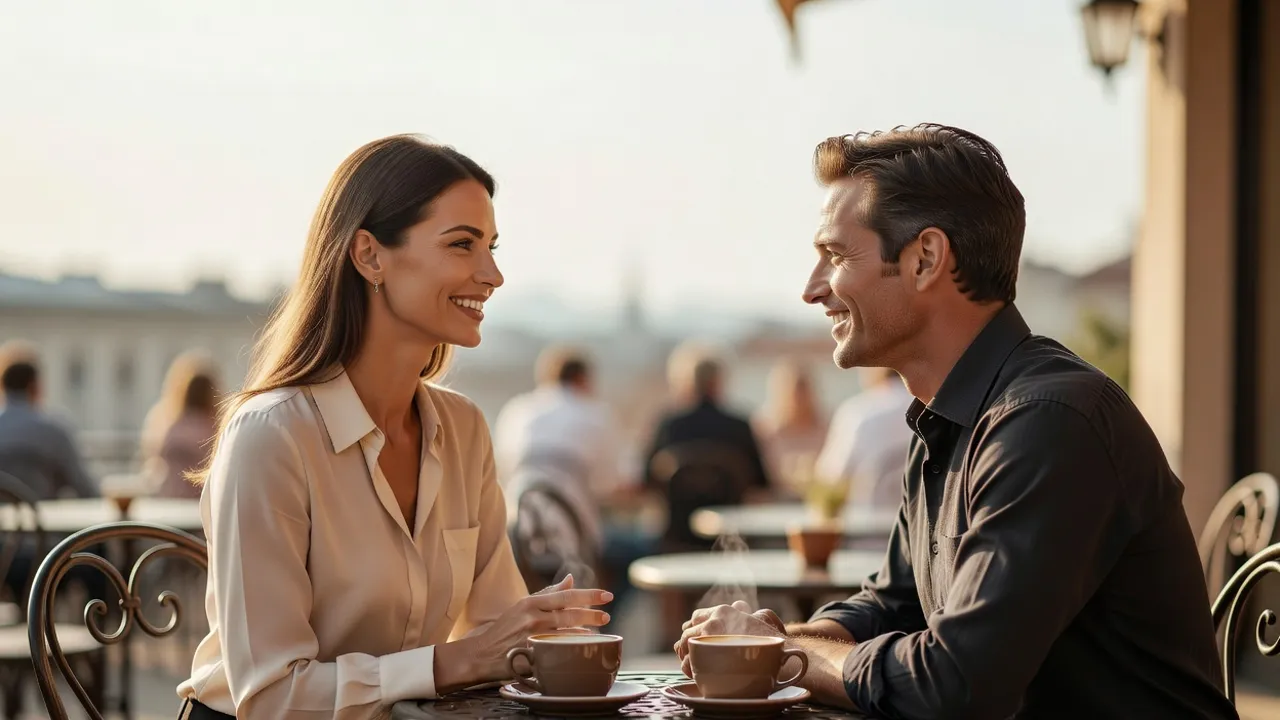 Une femme et un homme échangent avec le sourire à la terrasse d'un café, deux tasses de café devant eux.