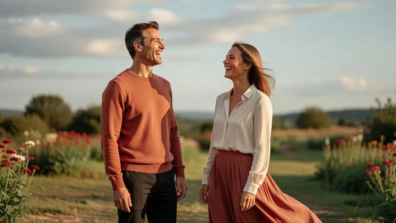 couple marchant ensemble en extérieur, complicité visible, lumière naturelle
