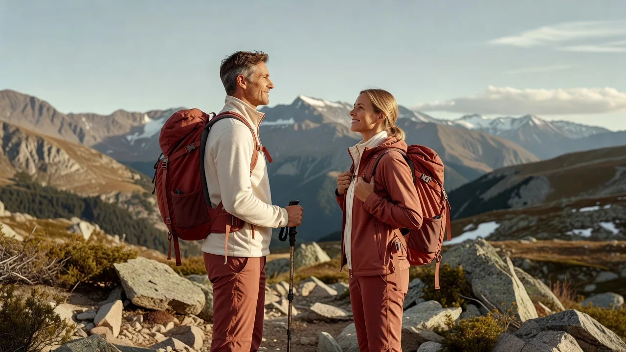 Couple en randonnée face à un paysage de montagne